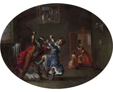Continental School 18th Century Humanised dog and cat fight wearing 17th Century costumes Oil on panel, oval 18 x 23.5cm; 7 x