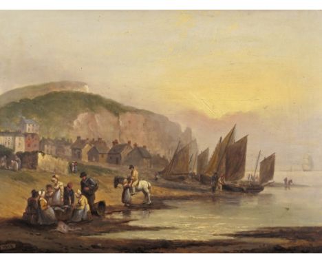 Thomas Luny (1759-1837) Fisherfolk and boats on the shore by a seaside town possibly Seahouses Northumberland Signed and date