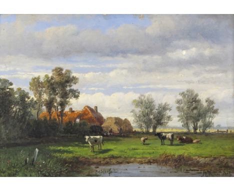 Anthonie Jacobus Wijngaerdt (Dutch 1808-1887) Cattle in a meadow by a smallholding Signed Oil on panel 12 x 18cm; 4¾ x 7in ++