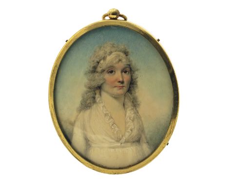 λ George Engleheart (1752-1829) Portrait miniature of a lady, half length, wearing a white dress Oval, in a gilt frame 67 x 5