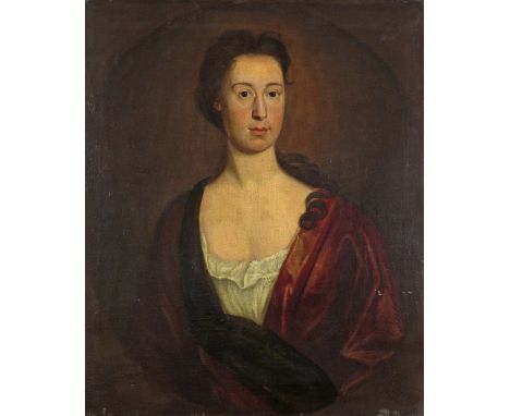 English School mid 18th Century Portrait of a lady, half length, wearing a red robe Oil on canvas laid on panel 77 x 65cm; 30