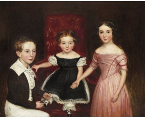 English School 19th Century Family portrait of three children Oil on canvas 43 x 53.5cm; 17 x 21in ++Relined and restored, a 