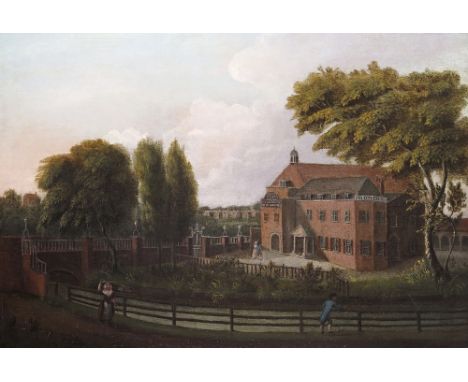 Attributed to John Inigo Richards (1731-1810) South West view of Sadler~s Wells Theatre, a gentleman fishing in the New River