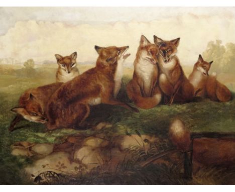 English School 19th Century A family of foxes by a fox trap Oil on canvas 65.5 x 86cm; 25¾ x 34in ++Unlined, some old restora