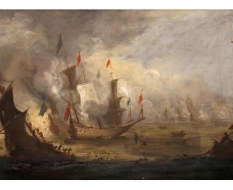 Follower of Willem van de Velde A battle scene at sea with sailors leaving sinking ships Oil on panel 27.5 x 36cm;10¾ x 14in