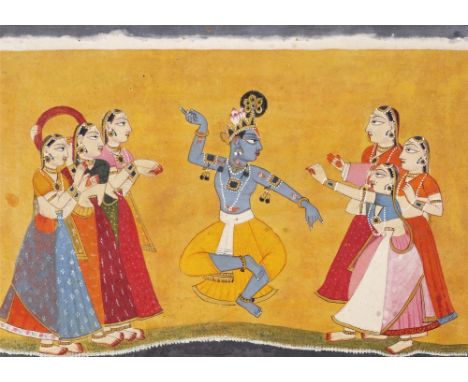 Indian Mankot School c.1820 Krishna dancing with the gopis Gouache 15 x 21cm; 6 x 8¼in With A lady with her arms in Karkata h