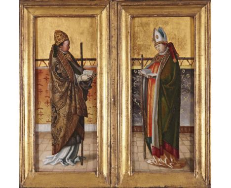 Leonardo Boldrini (Italian d.1493) A Pope and a Bishop Saint Two, both oil on panel with a gold ground, framed together 50 x 