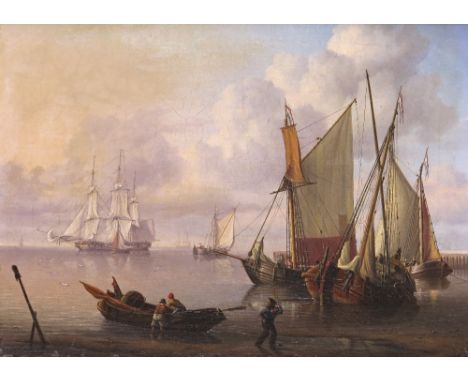 Charles Martin Powell (1775-1824) Ships at anchor in calm seas by a jetty Signed, also dated indistinctly 18** Oil on canvas 