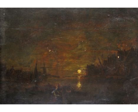 Follower of Aert van der Neer A busy moonlit river scene with fisherfolk in the foreground Oil on panel, unframed 37 x 52cm; 