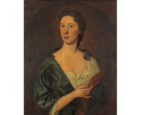 English School mid 18th Century Portrait of a lady, half length wearing a blue robe Oil on canvas laid on panel 77 x 65cm; 30