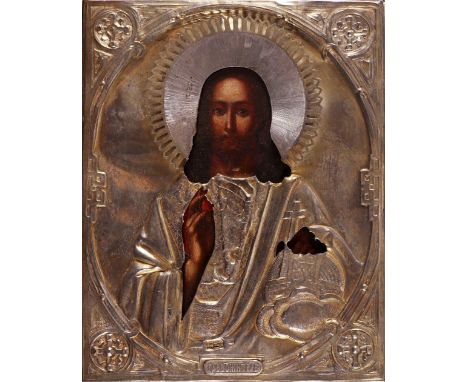 Russian School 19th Century Icon of Christ in Majesty Oil on panel, with a silver riza, Moscow 1873, 22.5 x 18cm; 9 x 7in 