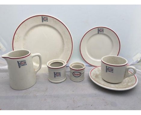A collection of Duraling Hotelware all advertising the Esso brand comprising a trio, dinner plate, milk jug and two little po