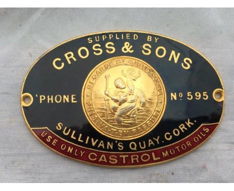 An enamel oval supplier's dash plaque for Cross and Sons, 'Use only Castrol Motor Oils'.