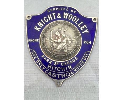 An enamel supplier's dash plaque for Knight and Woolley, Park Street Garage, Hitchin.
