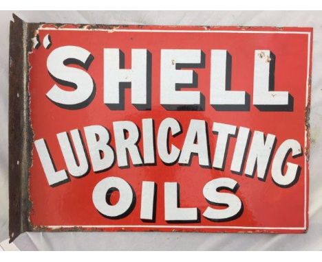 A rare and early Shell Lubricating Oils double sided enamel sign with hanging flange, with a couple of patches of professiona