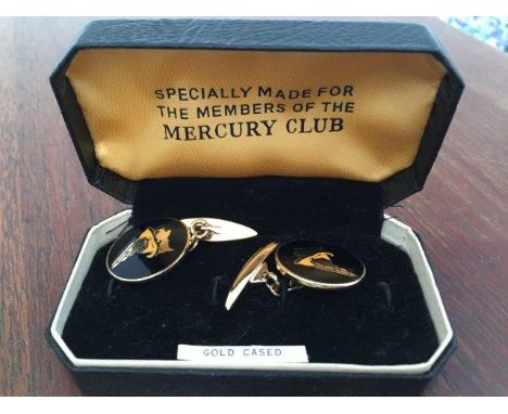 A cased pair of Mercury Club National Benzole Mixture enamel cufflinks. 