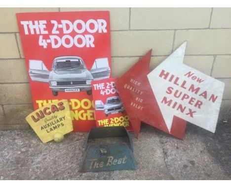 An unusual new Hillman Super Minx painted wooden directional arrow sign, double sided, two Hillman Avenger cardboard advertis