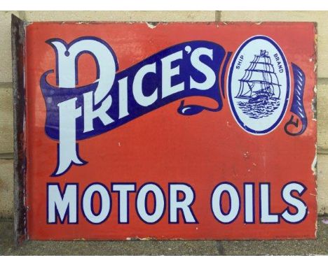 A Price's Motor Oils double sided enamel sign with hanging flange by Bruton of Palmers Green, 24 x 18".