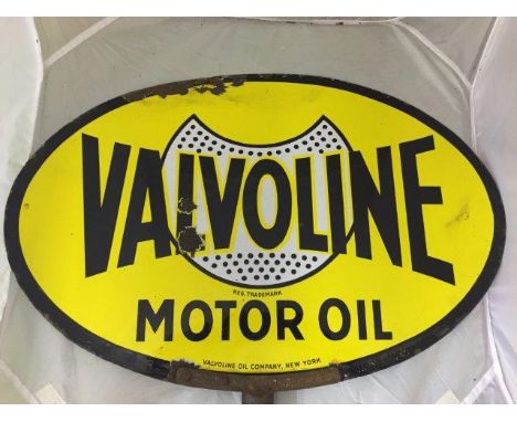 A rare Valvoline Motor Oil oval double sided enamel sign, with original mounting bracket still attached, excellent gloss, 27 