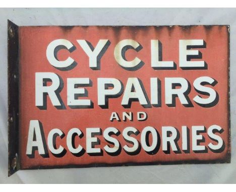 An early Cycle Repairs and Accessories double sided enamel sign with hanging flange, 18 x 12".