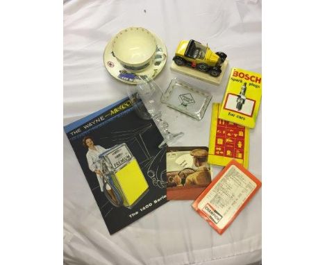 A Carltonware pottery model of a Bullnose Morris, a Power Petrol glass pin dish, a sales brochure for a Wayne Meteor petrol p