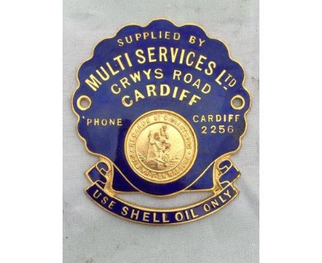 An enamel supplier's plate dash badge for Shell Multi Services Limited, Cardiff.
