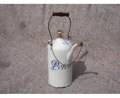 A good 2-litre French engine priming tap filling kettle in white enamel with decorative cobalt blue Petroleum graphics with o