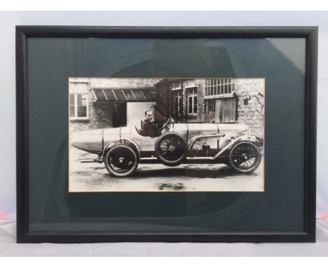 A framed and glazed original black and white photograph of a Vauxhall 30-98 racing car - 'Major Ropener's Silver Arrow', Vaux