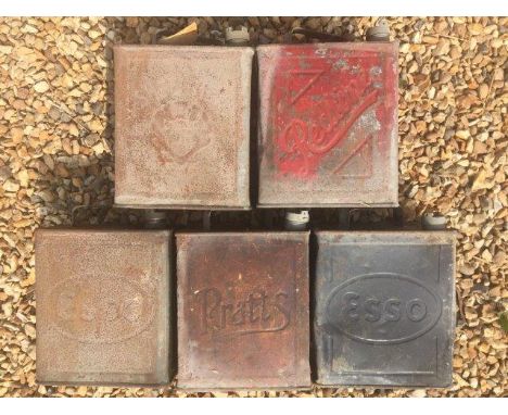Five 2-gallon petrol cans comprising Redline, Shell, Esso and Pratts. 