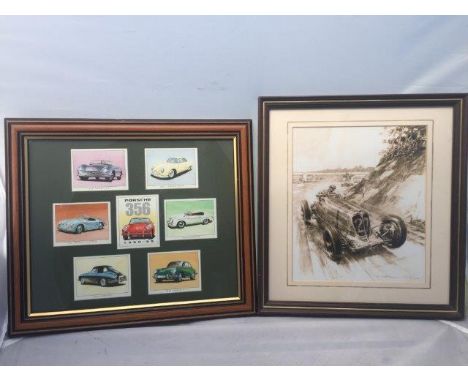 A framed and glazed Gordon Crosby print depicting a Maserati driven by Prince Bira and a framed and glazed group of Golden Er