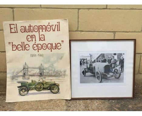 A framed and glazed print of Frank Clement in EXP2, Bentley and a folio of assorted motor car prints.