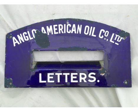 A rare Anglo American Oil Company Limited royal blue enamel letterbox frame, with some amateur retouching, 14 x 8".