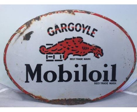 A Mobiloil gargoyle oval double sided enamel sign, cabinet pediment, 18 x 13".