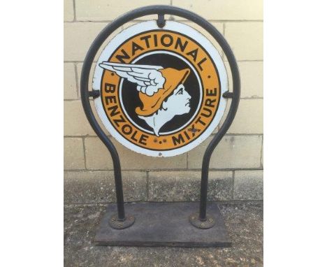 A National Benzole Mixture circular enamel sign, with open/closed enamel folding segment to the verso, also with an original 