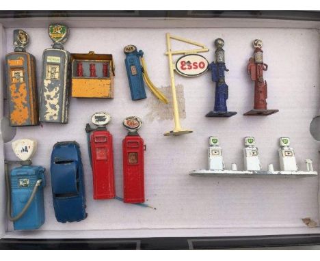 A selection of assorted miniature diecast petrol pumps including Fina, BP, National Benzole etc.