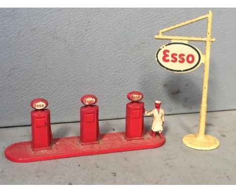 A Lesney diecast Esso set of petrol pumps and a forecourt sign.