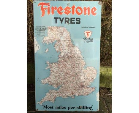 A good Firestone Tyres enamel sign depicting the geographica main roads map of England and Wales, 29 x 49"