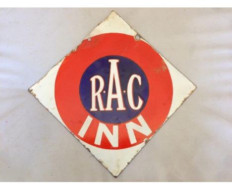 An unusual RAC Inn lozenge shaped double sided hanging enamel sign, with restoration and repair to one hole, 16 3/4 x 16 3/4"