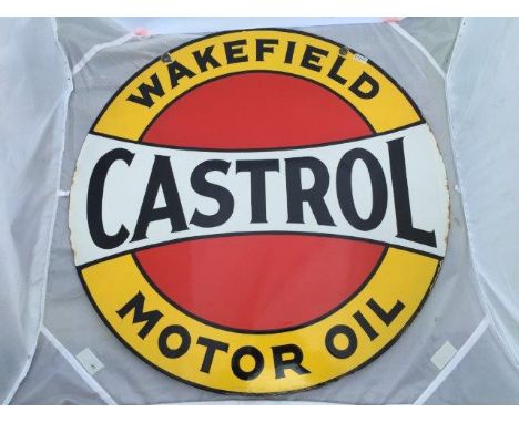 A Wakefield Castrol Motor Oil circular double sided enamel sign in excellent condition, 24" diameter.