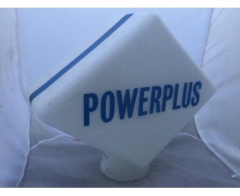 A Powerplus lozenge shaped glass petrol pump globe by Hailware, with damaged corner and resultant hairline. 