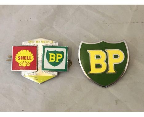 A BP shield shaped enamel lapel badge and another for Shell and BP Limited, both appear of more recent manufacture.