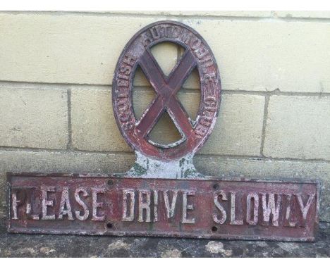 An early and rare Scottish Automobile Club 'Please Drive Slowly' cast iron road sign, in original paint, 27 1/2 x 18 3/4".