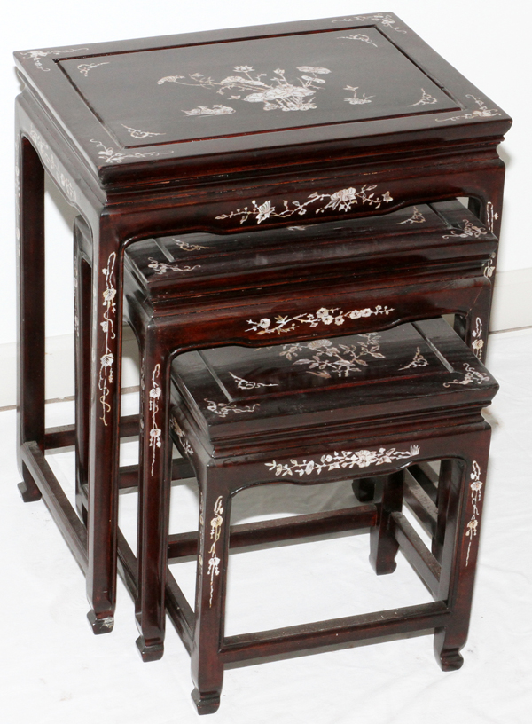 CHINESE ROSEWOOD AND MOTHER OF PEARL NEST OF 3 TABLES H 21.5" L 17.25 D