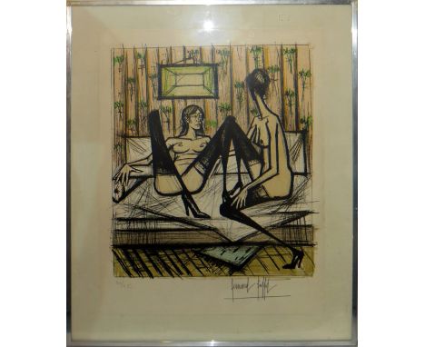 BERNARD BUFFET, COLOR LITHOGRAPH, H 20", W 24", TWO FEMALE NUDES ON A DIVANEdition #34/250, pencil signed, framed. 24 1/4" x 