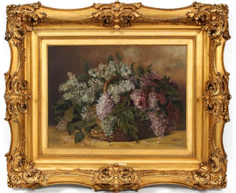 M.A.G. PARSON, OIL ON CANVAS, 1896, H 17", W 23", BASKET OF LILACSSigned and dated lower right; gilt period or original museu