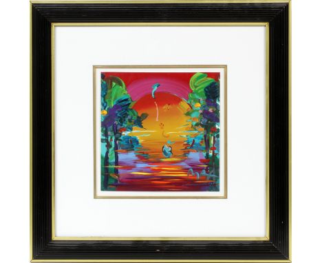 PETER MAX (AMERICAN B. 1937), ACRYLIC ON PAPER, H 10 3/4", W 11", WATER LANDSCAPE WITH BLUSHING BEAUTY PROFILESigned lower ri