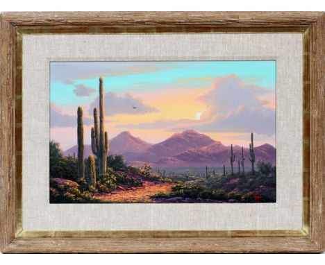 KENNY MCKENNA (AMERICAN B. 1950), OIL ON CANVAS, H 15", W 24:, SOUTHWEST US DESERT SCENE WITH CACTISigned lower right; framed