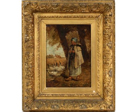 BEARS A SIGNATURE READING "J.F. MILLET", OIL ON CRADLED, BEVELLED WOOD PANEL, H 13", W 9", "PEASANT GIRL HERDING DUCKS"Framed