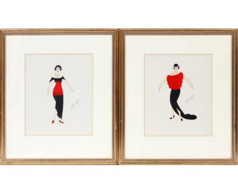 ERTE (RUSSIAN/FRENCH, 1892-1990), GOUACHES, PAIR, IMAGES: 8 1/2"X 6" & 8 1/2" X 4", FEMALE FASHION OR COSTUME DESIGNSEach pen