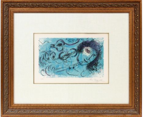 MARC CHAGALL (FRENCH, 1887-1985), COLOR LITHOGRAPH, H 9 1/2", W 15 1/2", "LE JOUEUR DE FLUTE"Pencil signed; #86/90; framed. F
